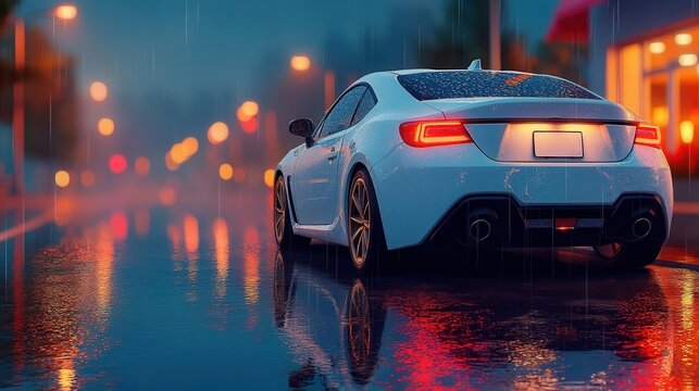 Experience the thrill of driving a sleek sports car on a rainy night, with vibrant reflections and modern design shining through the urban landscape