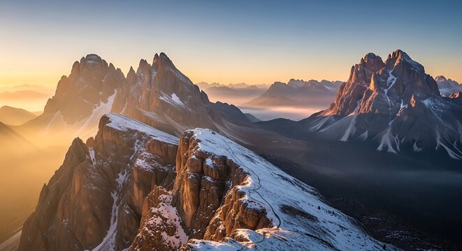 Snowcapped mountain peaks bathed in golden sunlight at sunrise or sunset