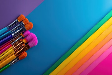 Makeup Brushes Arranged on Color Palette against Blue Backdrop with Gradient Displaying Rainbow Hues