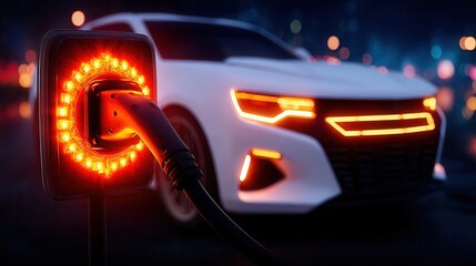 Powering the future a white electric car charges at night with vibrant glowing lights showcasing sustainable modern transport solutions for eco conscious living