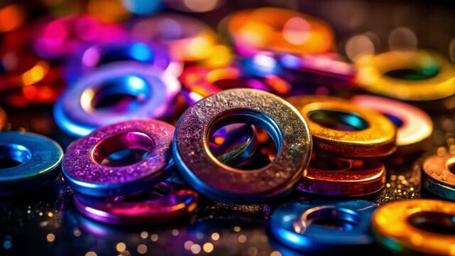 Close up of multicolored metal washers in a blurred background setting