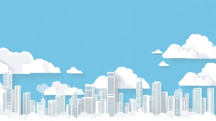 Paper Cutout City Skyline With Clouds Against A Blue Sky Background