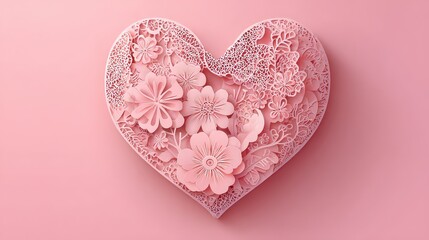 Pink Heart Floral Paper Cutout Design on a Pink Background Decorative Greeting Card Concept