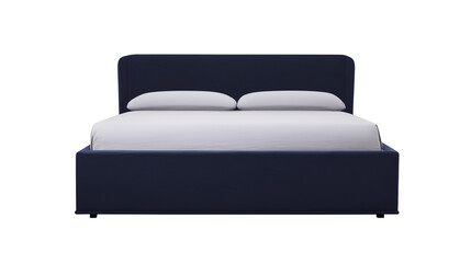 Modern upholstered bed with dark blue headboard and white bedding on transparent background