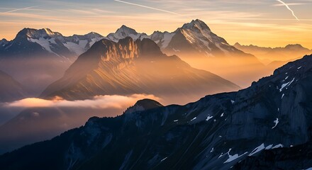 Majestic mountain range illuminated by the warm glow of the setting sun