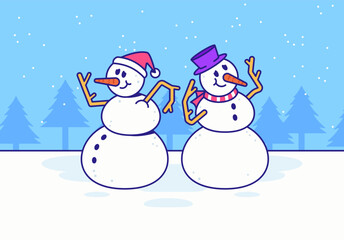 Two joyful snowmen wearing festive hats and scarves pose together in a snowy forest scene. A bright, friendly winter illustration perfect for holiday themes vector hand drawn style