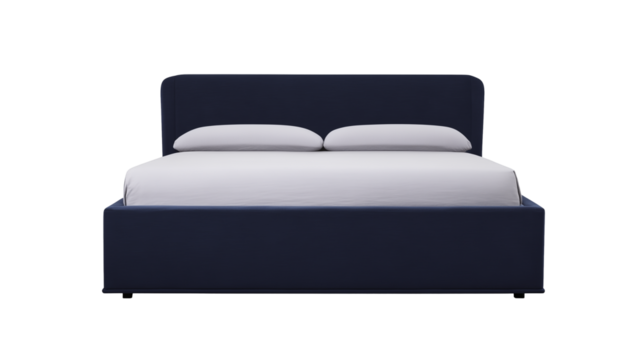 Modern upholstered bed with dark blue headboard and white bedding on transparent background