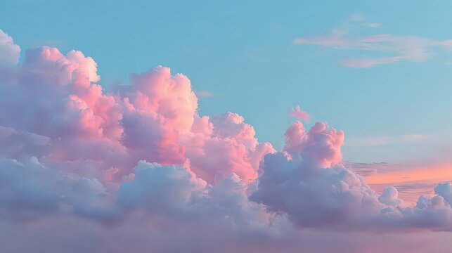 Sky View with Fluffy Pink Clouds at Sunset Under Pastel Blue Sky and Soft Golden Light Creating a Dreamy Ethereal Atmosphere