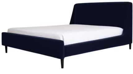 Modern minimalist bed with navy blue upholstered headboard and footboard, white mattress, and dark wooden legs on transparent background