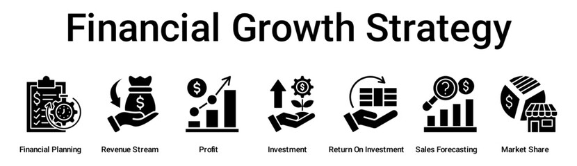 Financial Growth Strategy banner web icon vector illustration concept for business with icon of Financial Planning, Revenue Stream, Profit, Investment, Return On Investment, Sales Forecasting, Market.