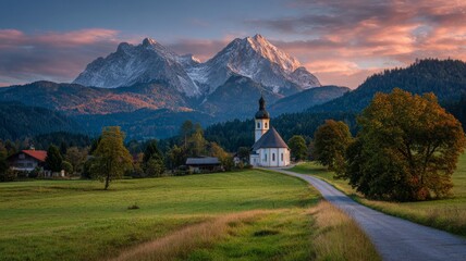 autumn mountain landscape with peaceful hilltop church of maria gern surrounded by golden forest foliage and the majestic hochkalter peak rising above the bavarian countryside under warm clear sunligh