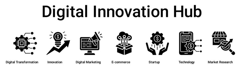 Digital Innovation Hub banner web icon vector illustration concept for business with icon of Digital Transformation, Innovation, Digital Marketing, E-commerce, Startup, Technology, Market.