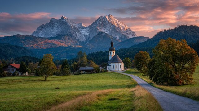 autumn mountain landscape with peaceful hilltop church of maria gern surrounded by golden forest foliage and the majestic hochkalter peak rising above the bavarian countryside under warm clear sunligh - Powered by Adobe