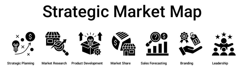 Strategic Market Map banner web icon vector illustration concept for business with icon of Strategic Planning, Market Research, Product Development, Market Share, Sales Forecasting, Branding.