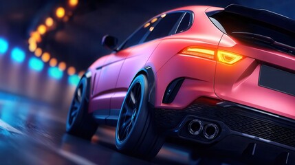 Experience the thrill of the ride with this stunning pink sports car, its tail lights glowing as it speeds through the city at night, exuding sleek modern luxury