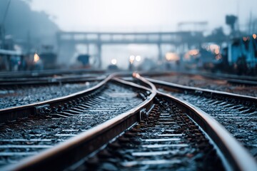 Railroad Tracks Converging Under Foggy Sky with Pedestrian Bridge and Dim Lights in Background Cold Blue Tones