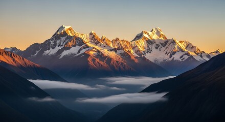 Snowcapped peaks bathed in golden light over a valley filled with clouds
