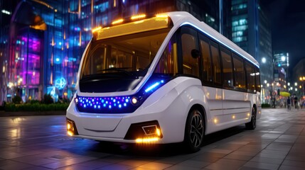 Modern electric bus gleams in vibrant city night, offering sustainable transportation solutions for eco conscious urban planning and futuristic transit
