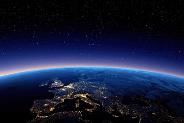View Of The Earth From Space Featuring Illuminated City Lights and Starry Sky