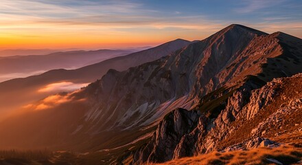 Fototapeta premium Majestic mountain range illuminated by the warm glow of the setting sun