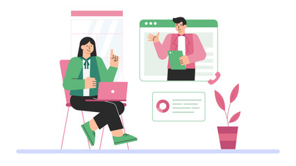 k and Collaboration Flat Design Online Meeting with Remote Employees Flat Vector Illustration