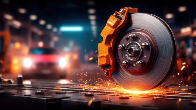 Stunning brake disc with orange caliper showcasing high performance auto parts and automotive engineering, perfect for car enthusiasts and mechanics