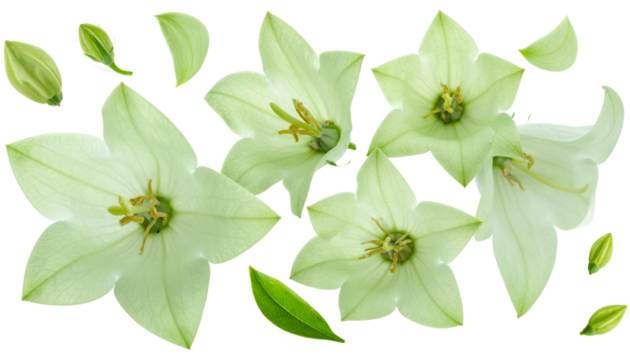 A beautiful composition of delicate light green star-shaped flowers with petals, buds, and leaves isolated on a white background