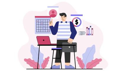 Flat Design Business People Tracking Monthly Budget Flat Vector Illustration