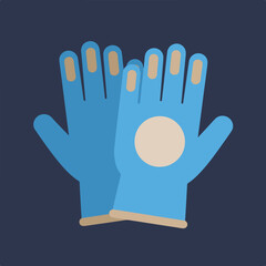 The image shows a pair of blue gardening gloves with a tan-colored palm and finger highlights, set against a dark blue background.