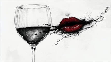 A close-up artistic illustration of glossy red lips with dark, abstract splashes emanating from them, interacting with a wine glass filled with dark liquid.