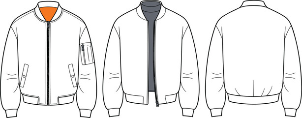 Classic MA-1 bomber jacket technical fashion flat sketch vector template with contrast lining sleeve pocket and ribbed trims unisex CAD drawing