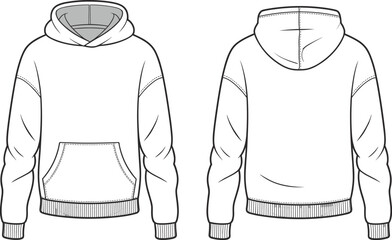 Oversized fleece pullover hooded sweatshirt technical fashion flat sketch vector template with dropped shoulders and large kangaroo pocket unisex CAD drawing