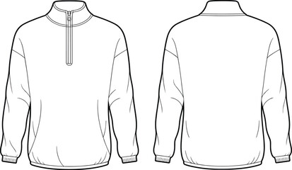 Quarter-zip mock turtleneck pullover sweatshirt technical fashion flat sketch vector template with drop sleeves and ribbed cuffs hem unisex apparel CAD drawing