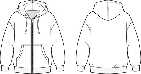 Oversized hooded zipper sweatshirt technical fashion flat sketch vector template with drop shoulders drawstring hood and kangaroo pocket unisex CAD drawing