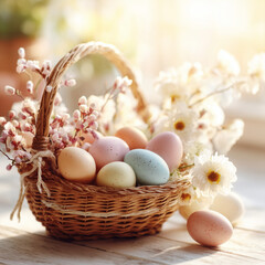 easter eggs in a basket with flowers