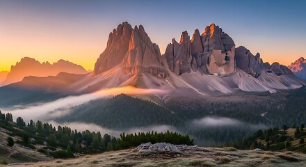 Scenic view of the dolomites mountains at sunrise with fog in the valley