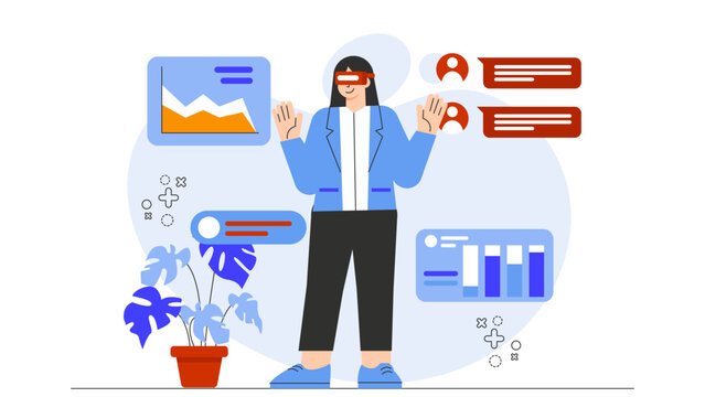 Business People Testing Virtual Reality App Flat Vector Illustration