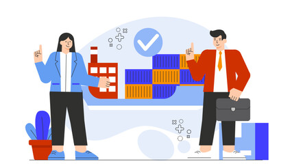 Flat Design Container Ship in Global Logistics Flat Vector Illustration