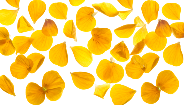 Abstract pattern of scattered yellow flower petals creating a vibrant, organic, and natural backdrop