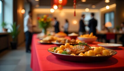 A vibrant buffet with dumplings and spring rolls, as colleagues gather joyfully for a Lunar New Year office celebration