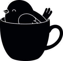 Cute Black Bird Sitting in White Coffee Mug in Minimalist Style