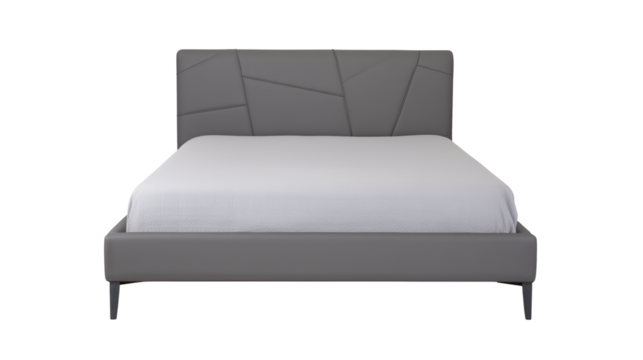 Contemporary bed with geometric-patterned headboard on transparent background