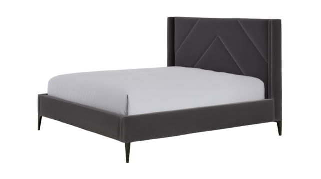 Modern minimalist bed with dark gray upholstered headboard and black metal frame on transparent background
