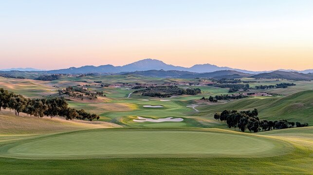 A panoramic view of a meticulously maintained golf course with rolling green fairways, sand traps, and trees, set against a backdrop of distant mountains and a