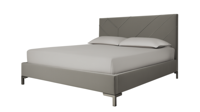 Modern upholstered bed with geometric headboard on transparent background