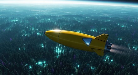 Whimsical Yellow Rocket Voyage Above Enchanted Forest With Glimmering Lights