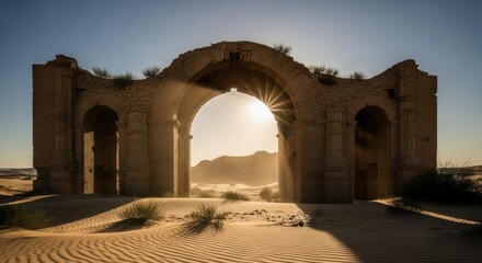 Ancient desert gateway with sunburst through ruins, showcasing resilience and history in arid