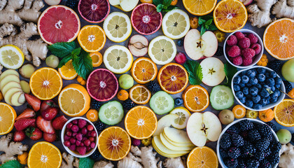 Colorful citrus and berry flatlay with sliced oranges, lemons, apples, ginger and fresh herbs evoking vibrant, healthy snack options