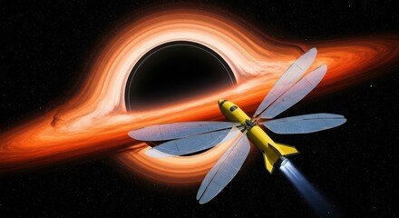 Conceptual illustration of a futuristic spacecraft exploring a black hole phenomenon
