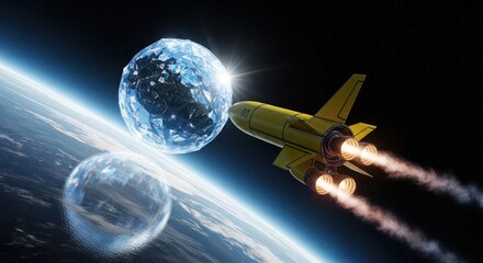 Journey through space a yellow spaceship approaches a crystal planet above earth
